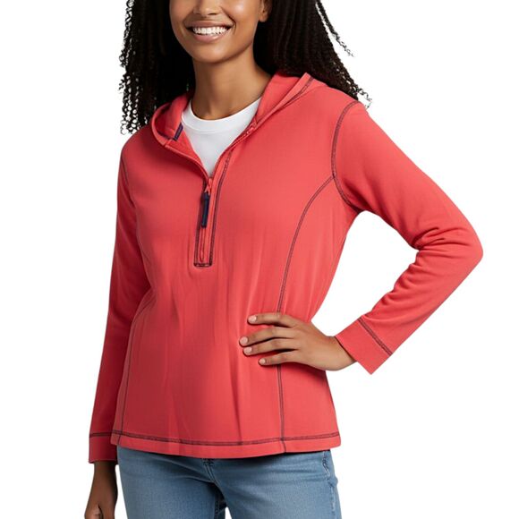 Sag Harbor Red 3/4 Zip Textured Contrast Stitch Pullover Hoodie Sz L - Picture 2 of 11